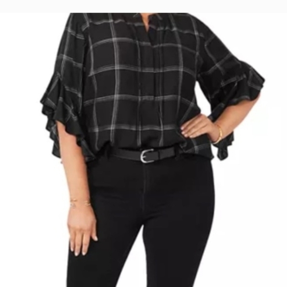 Vince Camuto Black Checkered Ruffle Blouse - Picture 3 of 4